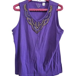 Chico's Purple Beaded V-Neck Ribbed Tank Top Sleeveless Blouse Size 3 XL